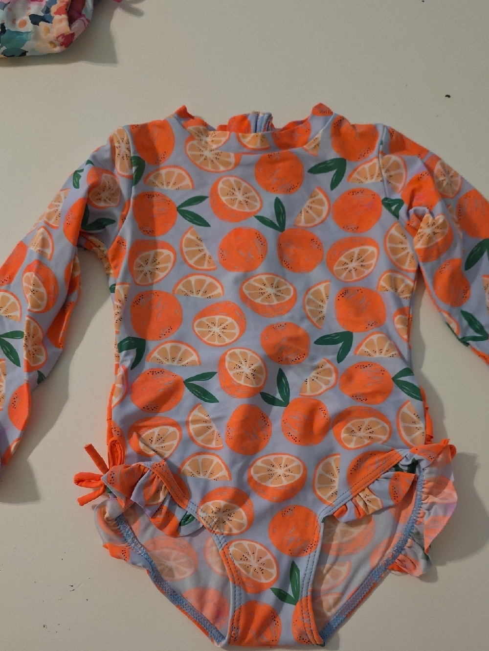 Orange & Green Citrus Print Long-Sleeve Rashguard One-Piece
